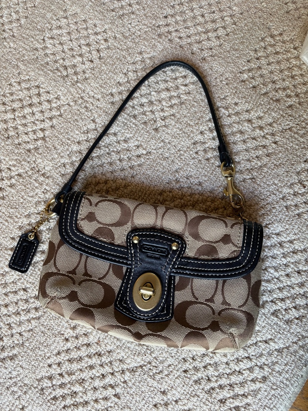 Coach Turnlock Brown Signature Canvas Wristlet with Black Trim